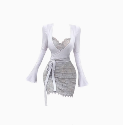 Pure desire style lace splicing dress 2025 fake two-piece hot girl waist hip skirt R1137