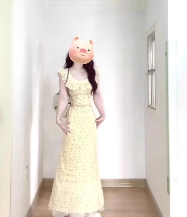 Tea break French yellow floral dress gentle temperament beautiful waist slim hip skirt R0449