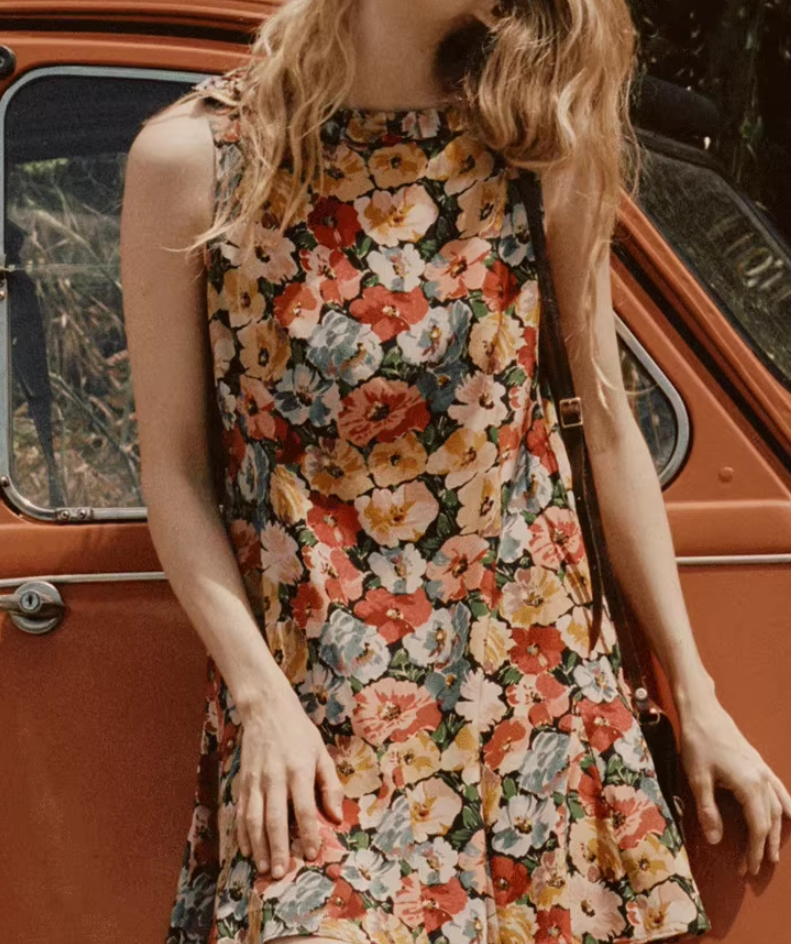 Dress new holiday French style niche printed flowers sleeveless round neck short skirt R2922