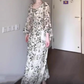 Green floral long-sleeved dress gentle temperament waist A-line long skirt R0707