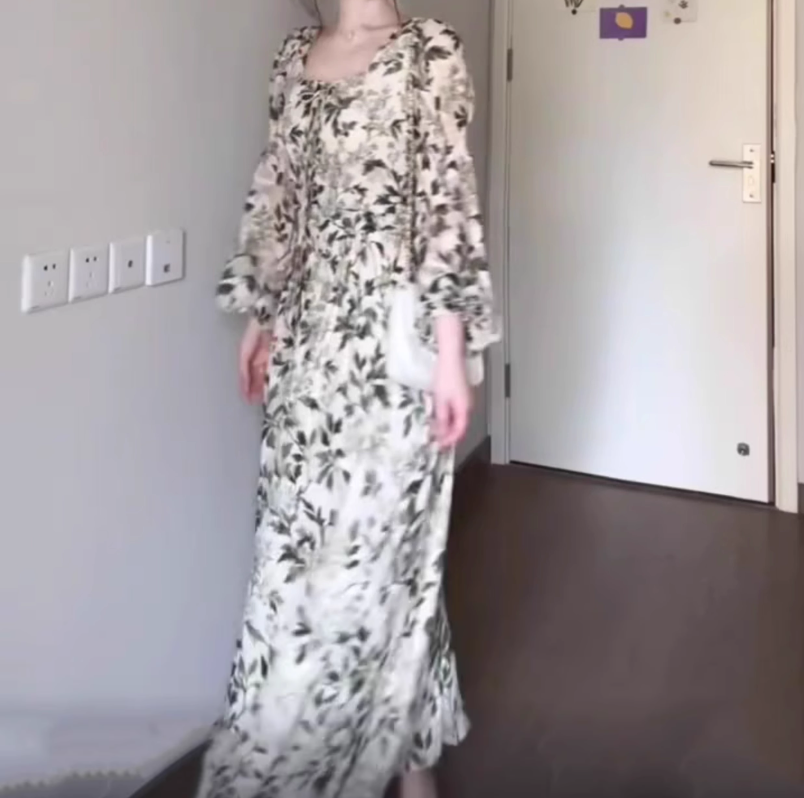 Green floral long-sleeved dress gentle temperament waist A-line long skirt R0707