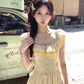 Yellow long chiffon printed small flying sleeve suspender dress summer French sweet slim skirt R4864