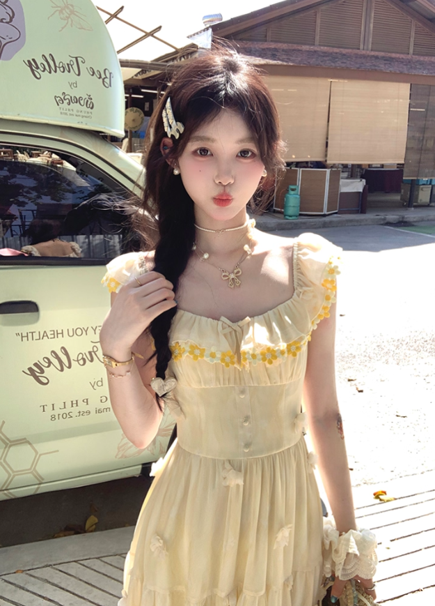 Yellow long chiffon printed small flying sleeve suspender dress summer French sweet slim skirt R4864