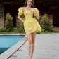 Yellow puff sleeves classic elegant waist slim short skirt homecoming dress R3776