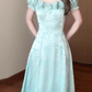 Large size French U-neck tea break ruffle dress retro exquisite slim fit blue dress R1881