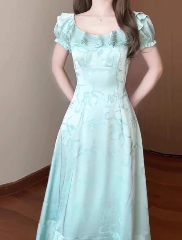 Large size French U-neck tea break ruffle dress retro exquisite slim fit blue dress R1881