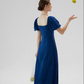Blue French dress puff sleeves skirt retro style small square collar tea break long dress female summer R3456