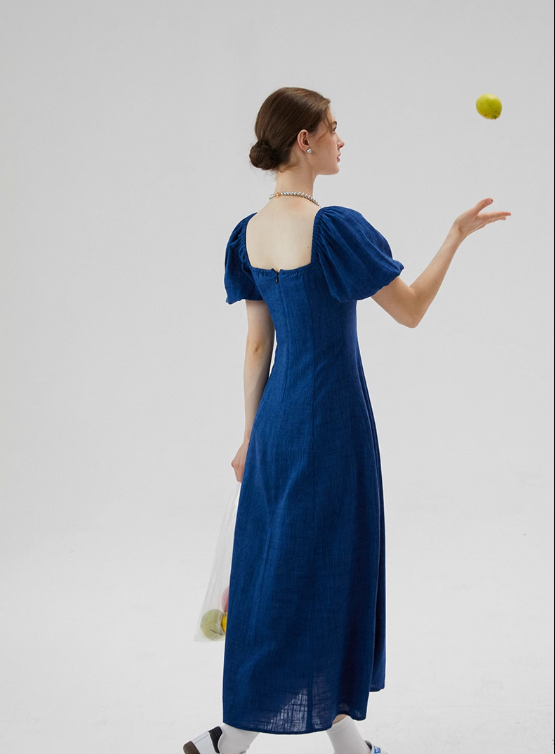 Blue French dress puff sleeves skirt retro style small square collar tea break long dress female summer R3456