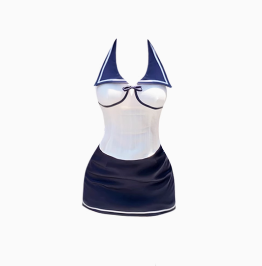 College style navy collar sleeveless halter neck shirt 2025 hip skirt suit R1394