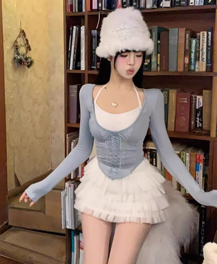 Pure desire design fake two-piece strap top 2025 large size ballet style cake skirt suit R1295