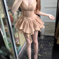 Pure desire style V-neck suspender dress 2025 sweet and spicy waist ruffled puffy short skirt R1284