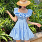 Blue ruffled neckline waist slim cake skirt homecoming dress R4128