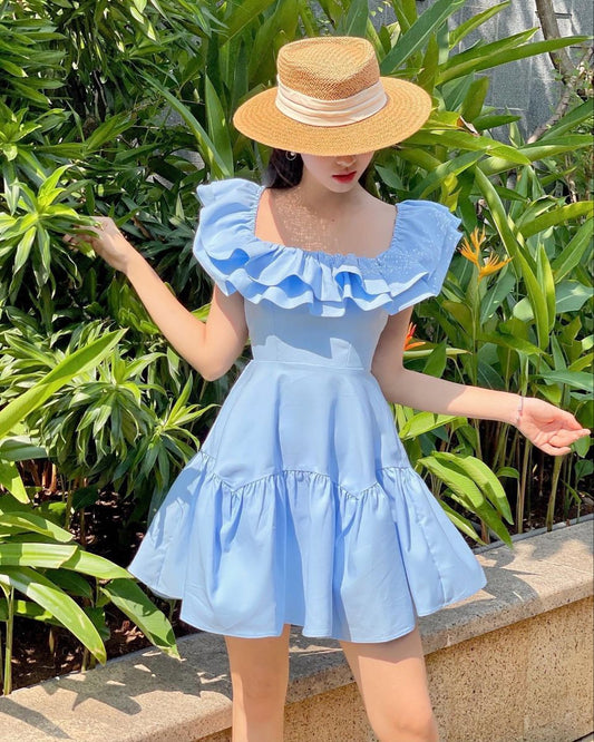 Blue ruffled neckline waist slim cake skirt homecoming dress R4128