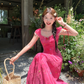 Rose Red Embroidered Square Neck Puff Sleeve Waist Suspender Dress Summer French Style Dress R4657