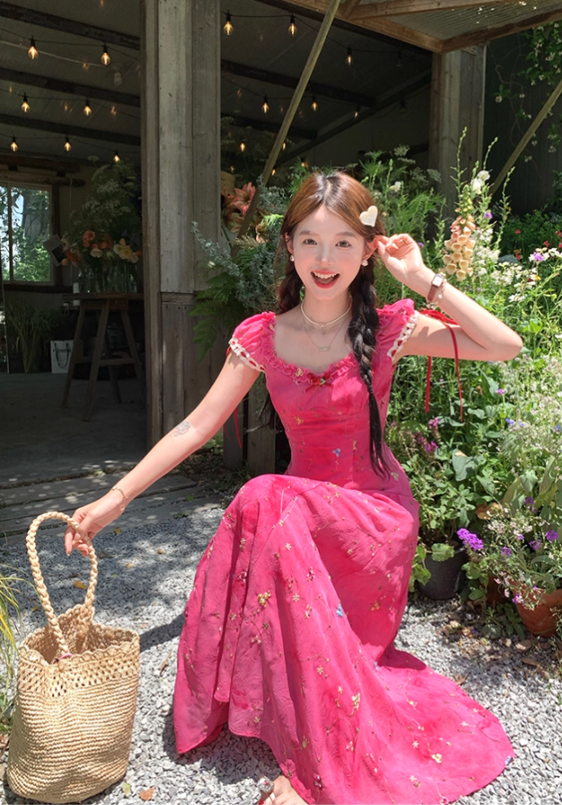 Rose Red Embroidered Square Neck Puff Sleeve Waist Suspender Dress Summer French Style Dress R4657