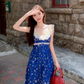 Lace stitching U-neck floral long dress French romantic holiday Klein blue suspender dress R1727