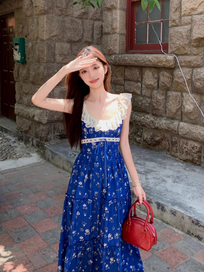 Lace stitching U-neck floral long dress French romantic holiday Klein blue suspender dress R1727