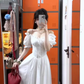 Gentle style white hollow suspender dress unique waist temperament long skirt R0509