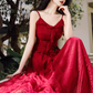 Fairy French retro red dress high-end dress ruffled sling beach dress R1714