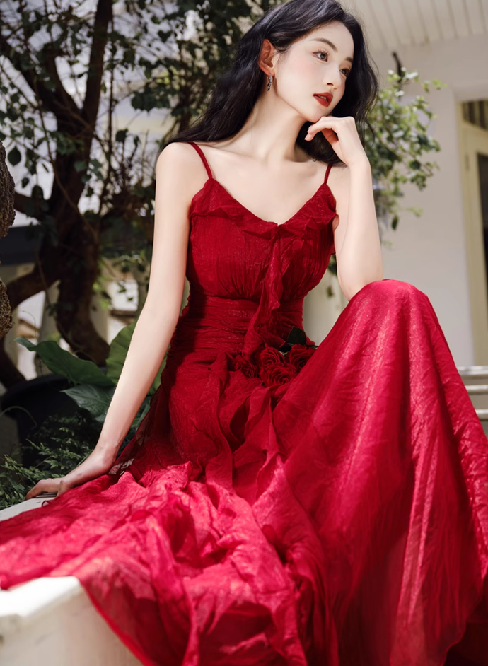 Fairy French retro red dress high-end dress ruffled sling beach dress R1714