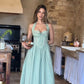 Green halter neck low cut slim long A-line dress homecoming dress R2481
