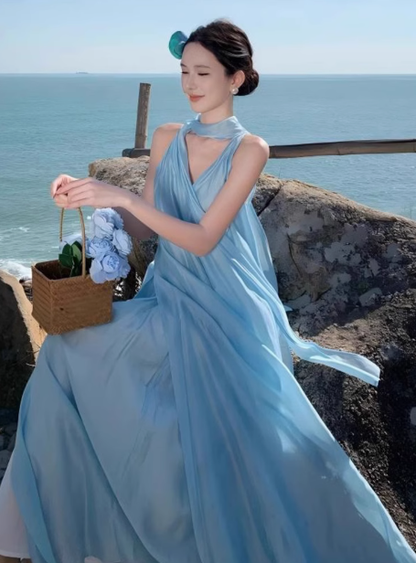 Beach vacation outfit high-end fairy temperament ribbon sleeveless halter dress long skirt R0247