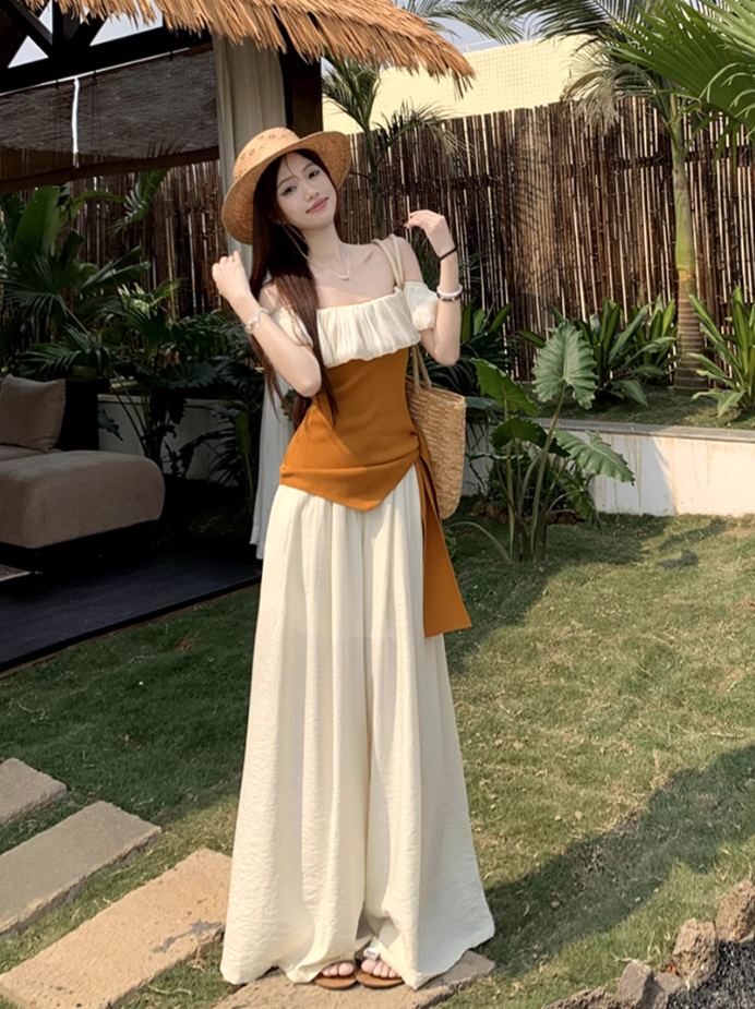 Beautiful summer suit, one-shoulder ruffled ice silk knitted top, wide-leg pants, two-piece suit R1739