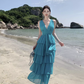 Blue seaside holiday long dress cake dress halter neck backless dress waist beach dress R1589
