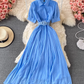 2025 Puff Sleeve Lapel Pleated Polka Dot Dress Waist Slimming Long Swing Dress Short Sleeve R0382