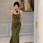 Suspender dress V-neck satin slim fit hip-wrapped slit skirt French style high-end long skirt R1544