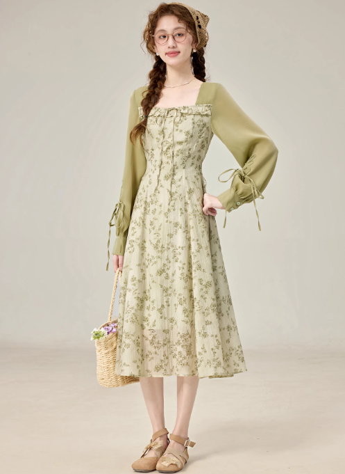Spring new temperament green floral dress travel holiday dress R1924