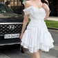 White chiffon strapless off-the-shoulder neckline waist irregular skirt short skirt homecoming dress R3684