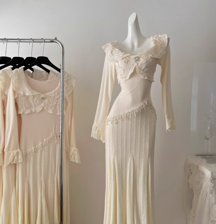 Rose Pattern Lace Long Sleeve Fishtail Dress R2015