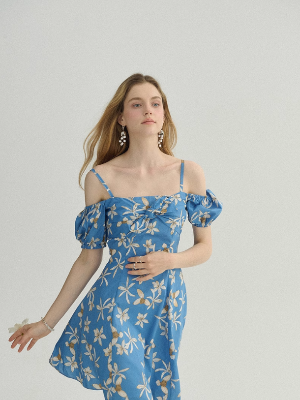 French floral skirt seaside holiday skirt fairy skirt blue short dress R2770