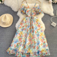 Beach vacation floral suspender skirt fashionable waist slim backless a-line printed chiffon dress R0331