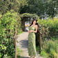 Green floral suspender dress beautiful waist A-line long skirt R0601