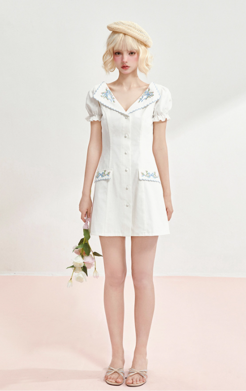 Short-sleeved summer dress V-neck Tencel cotton retro embroidery waist dress R5248
