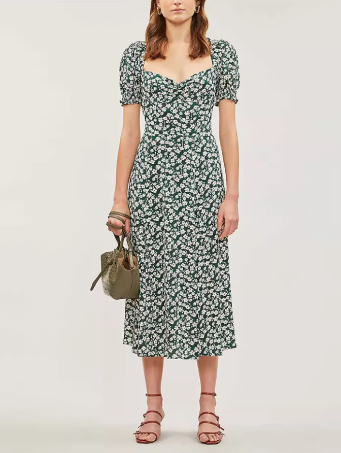 Summer square neck retro floral dress new French slit midi dress R2915