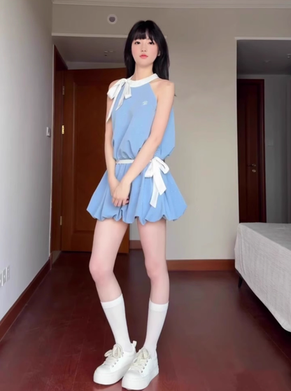 Gentle blue halter neck dress beautiful temperament waist bud short skirt R0872