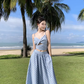 Travel wear women's beach dress backless blue and white plaid skirt a-line suit R1567