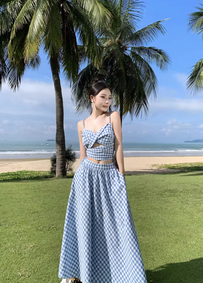 Travel wear women's beach dress backless blue and white plaid skirt a-line suit R1567