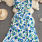French lady temperament lady short sleeve square collar waist slim a-line print dress elegant long skirt R0406