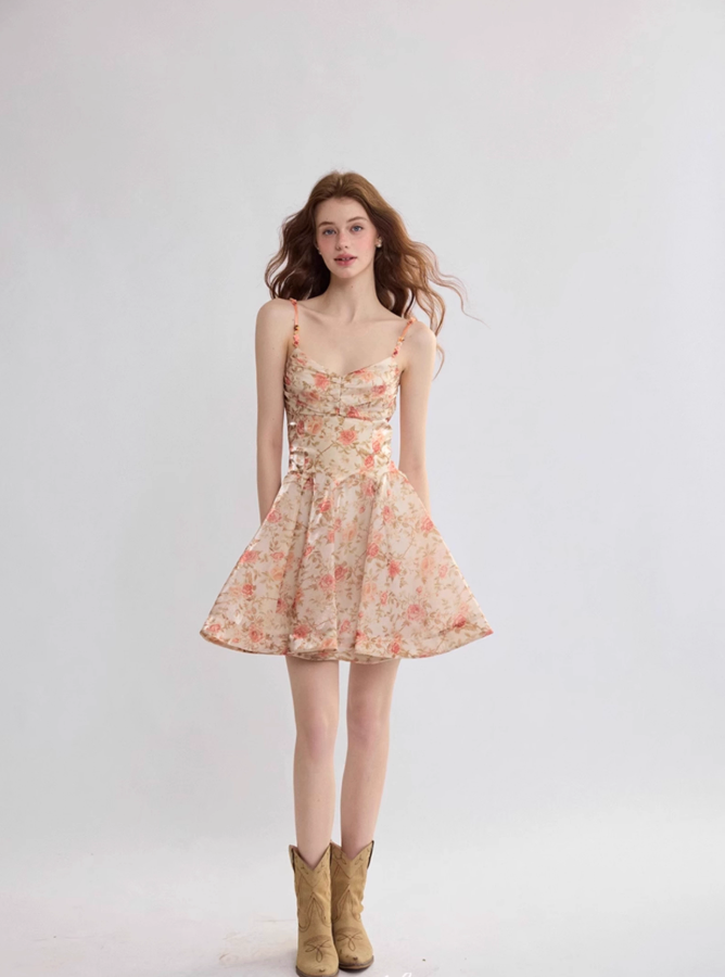 French suspender dress floral dress holiday wear short skirt R2698