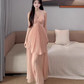 Gentle style pink halter neck suspender dress with beautiful atmosphere R0821