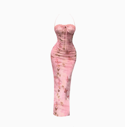 French retro printed tube top dress 2025 pure desire style lace halter neck long dress R1364