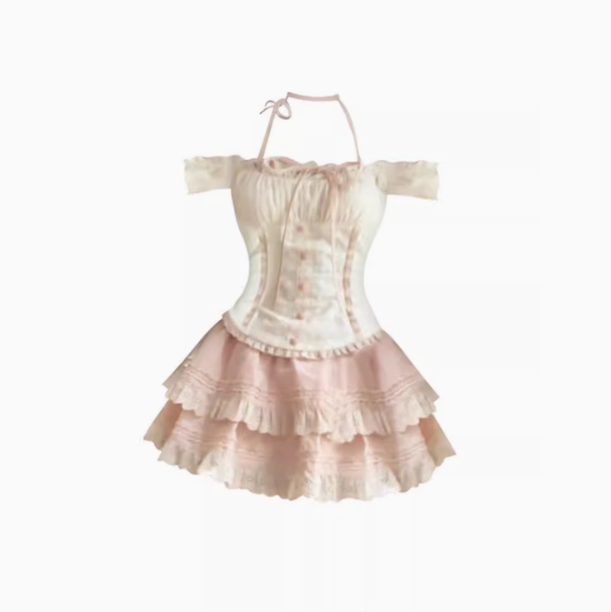 Pure desire style one shoulder halter neck short waist top 2025 sweet cake skirt suit R1243