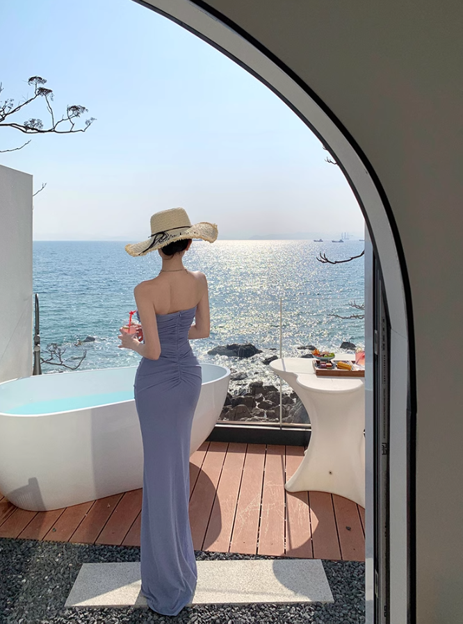 French holiday style purple flower hollow design tube top dress female seaside holiday sexy long dress R0305