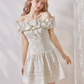 Tea pure cotton striped print pleated waist one-shoulder dress R5213