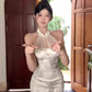 New Chinese style lace cheongsam skirt 2025 pure desire sleeveless halter neck printed hip skirt R1055