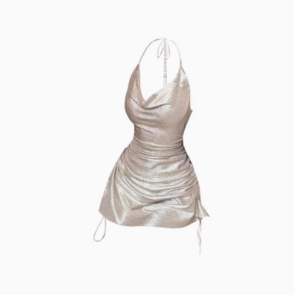Sexy hot girl swing collar halter neck shiny dress 2025 large size waist drawstring hip skirt R1272